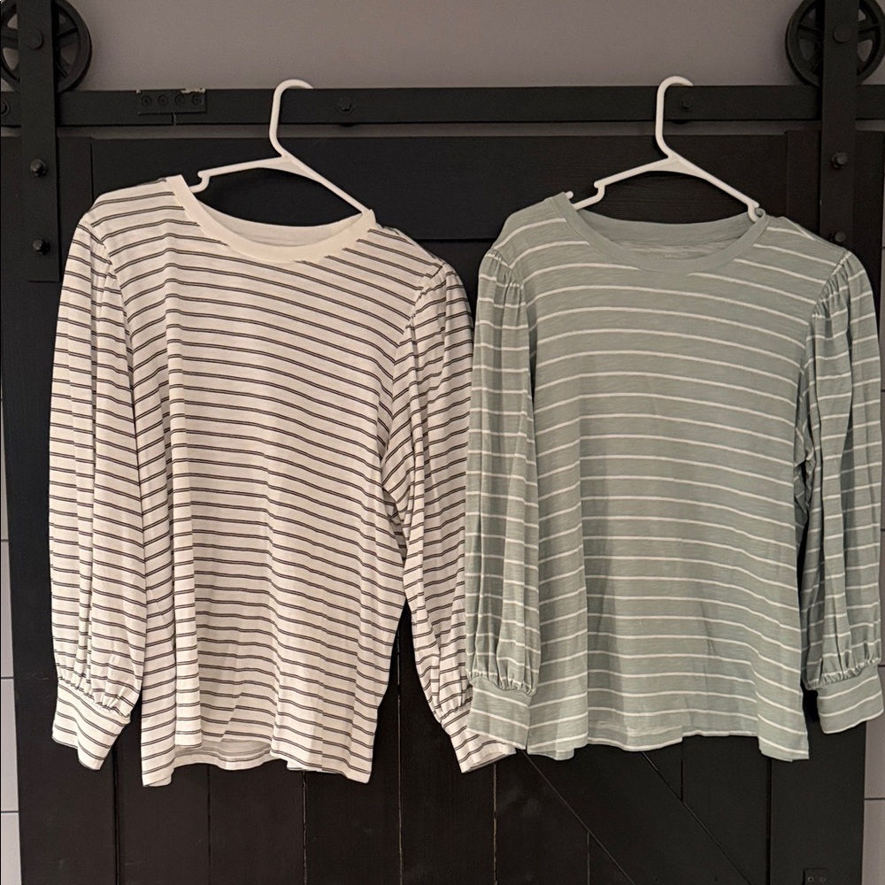 Striped Women’s Long Sleeve Tops - White and Green-Set of 2